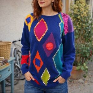 Vintage 80s Colorful Geometric Shapes Retro Sequins Women’s Sweater Size M Art